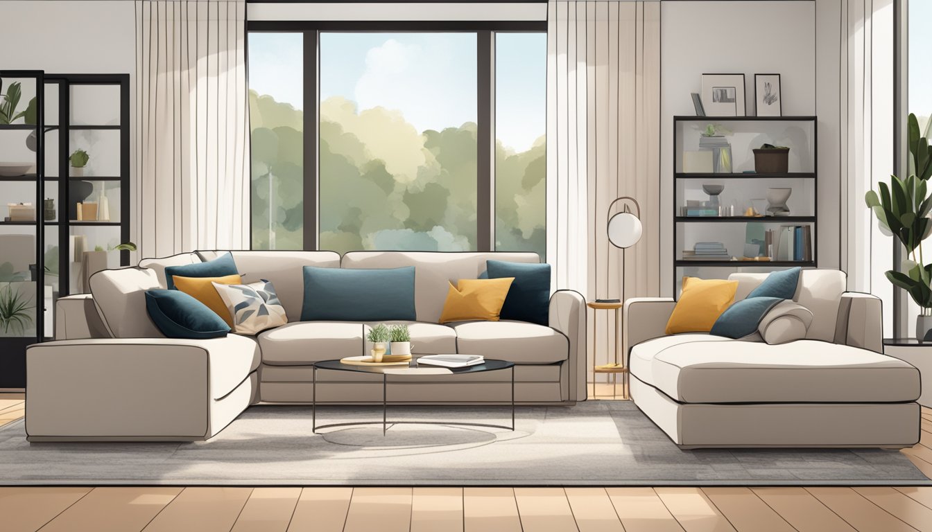 A 4-seater couch with clean lines and plush cushions sits in a well-lit living room, surrounded by modern decor and a cozy rug