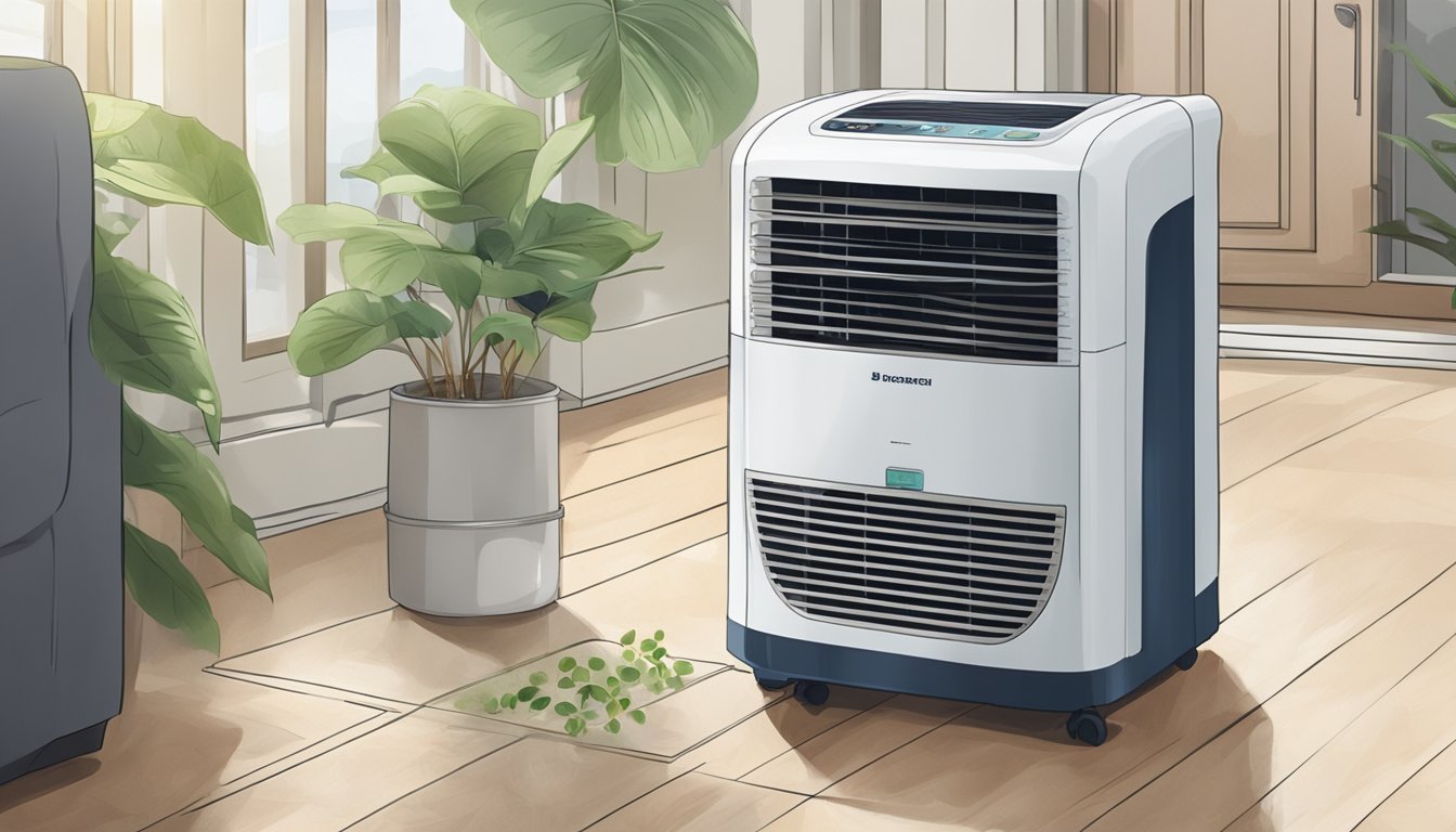 A dehumidifier sits in a Singaporean home, removing moisture from the air. The device is carefully chosen to suit the humid climate