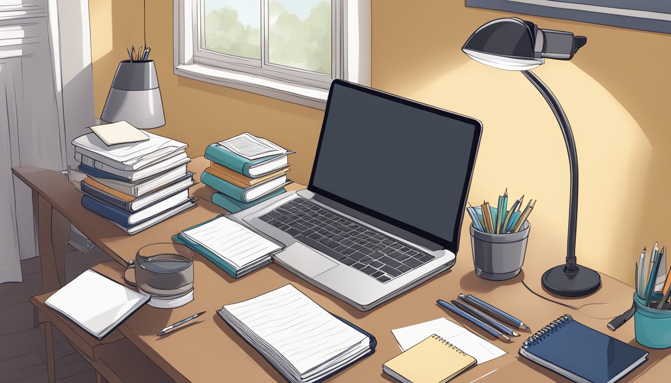 A 60-inch study table with neatly organized books, a laptop, and a desk lamp. A notepad and pen sit next to a stack of papers