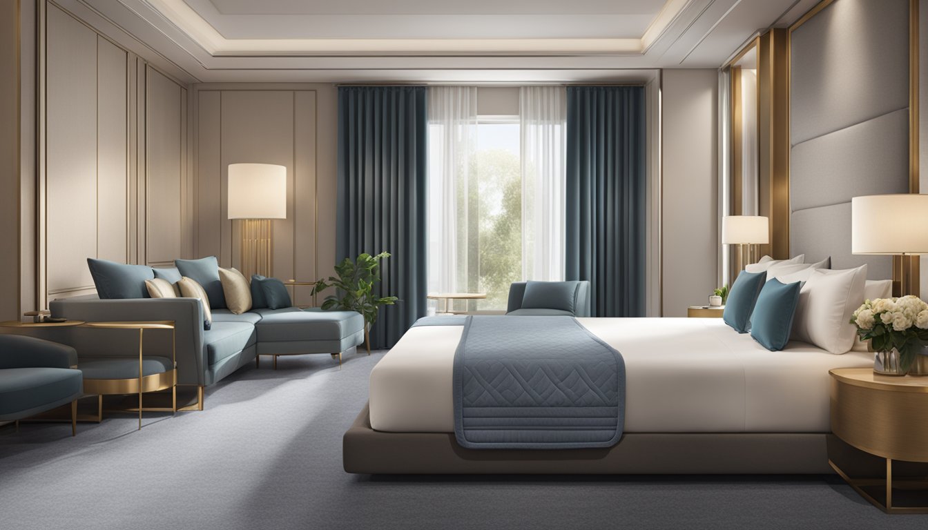 A luxurious hotel room with a plush, inviting mattress bearing the logo of a reputable hotel mattress brand