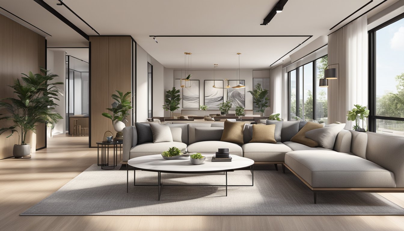 A modern condo showroom with sleek furniture, clean lines, and neutral color palette. Large windows flood the space with natural light, creating a welcoming and inviting atmosphere