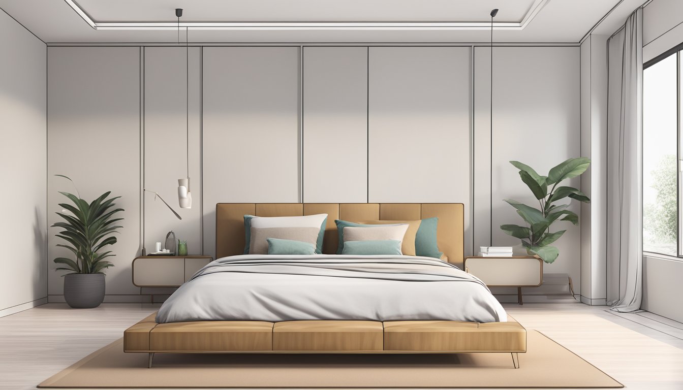 A platform bed frame sits against a wall in a minimalist bedroom, surrounded by clean lines and neutral colors