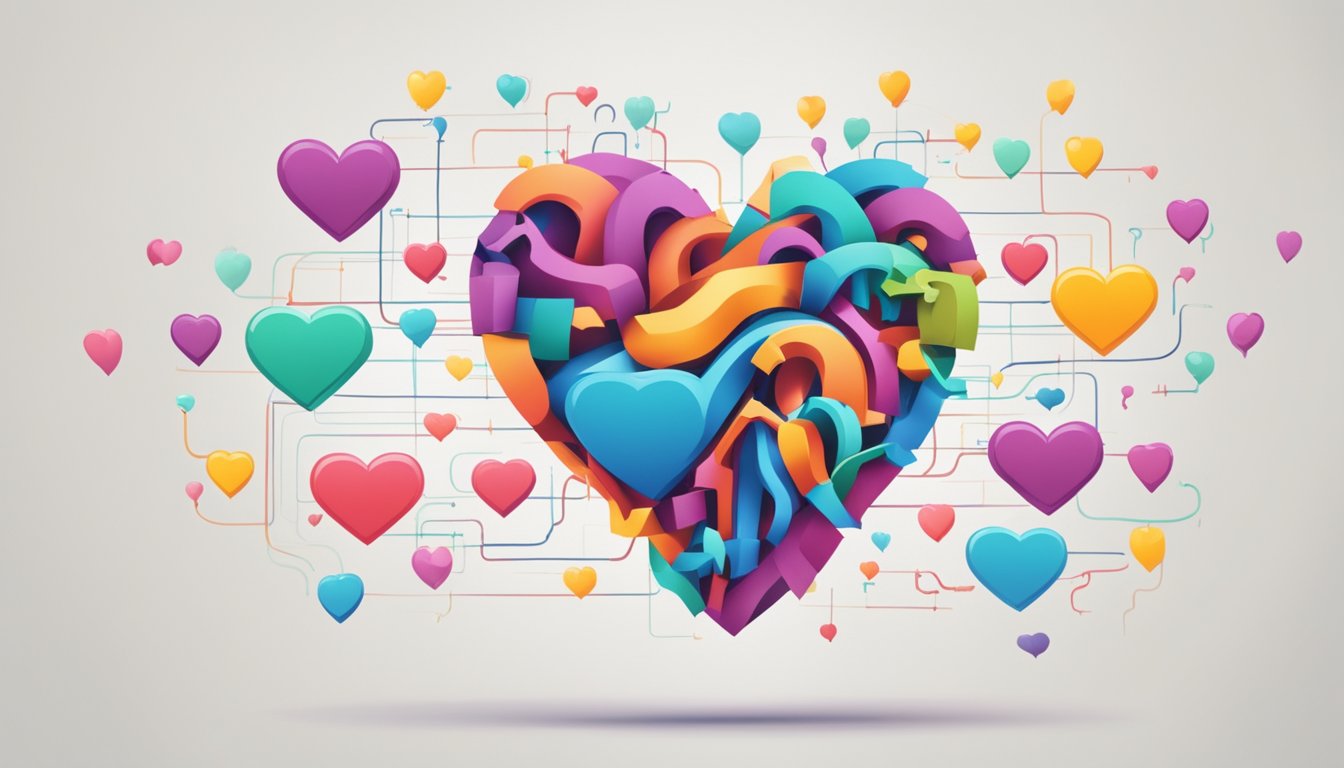 A heart with question marks pulsating around it