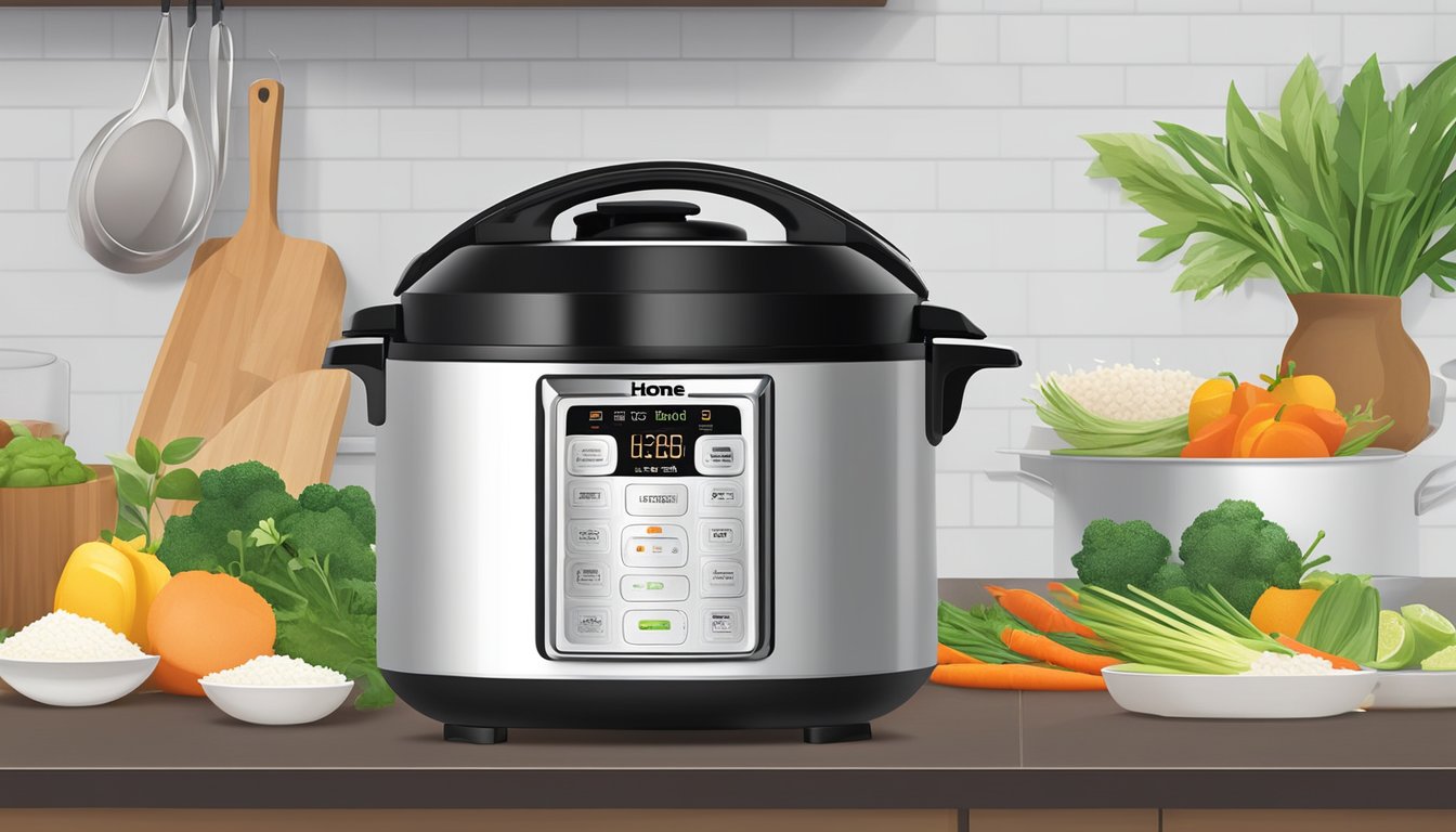 The Home Proud Induction Rice Cooker sits on a clean, modern kitchen counter, surrounded by fresh ingredients and a steaming pot of perfectly cooked rice