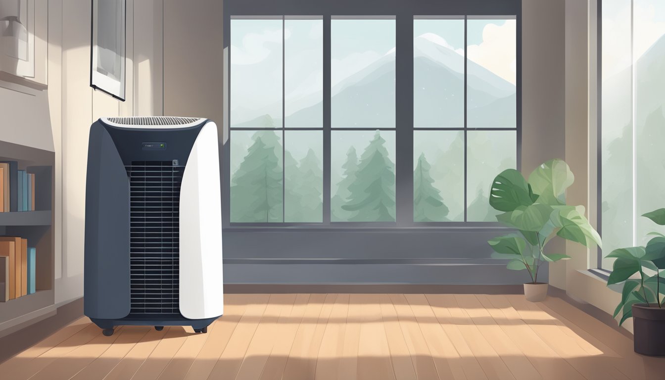 A dehumidifier sits in a cozy living room, quietly removing moisture from the air. The windows are slightly fogged, but the room feels comfortable and dry