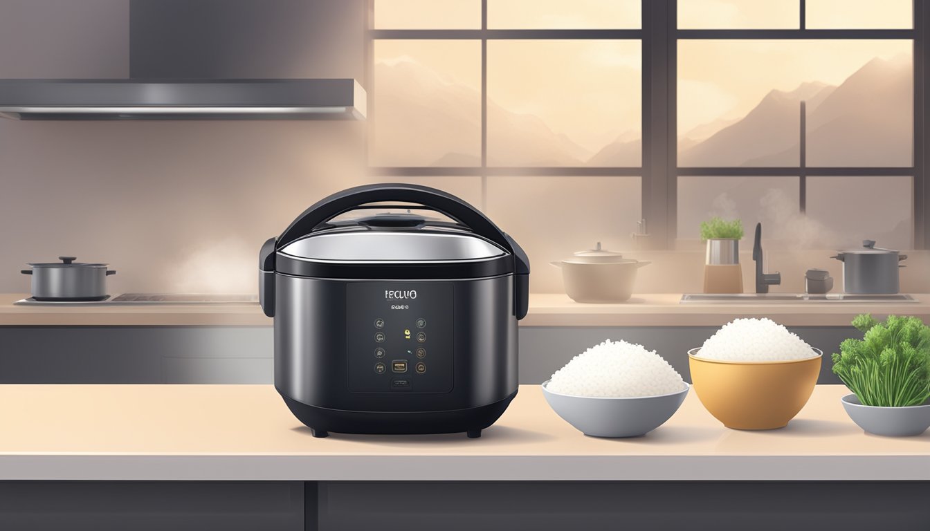 A modern kitchen with a sleek induction rice cooker on the countertop. Steam rises from the pot as fluffy rice cooks perfectly inside. The soft glow of the cooker's display adds a touch of elegance to the scene