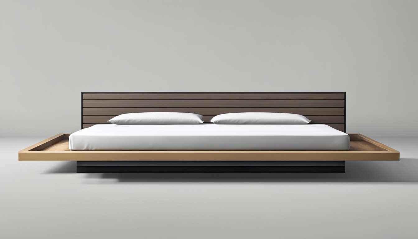 A platform bed frame with clean, modern lines and a sleek, minimalist design. The frame sits low to the ground and features a simple, elegant headboard