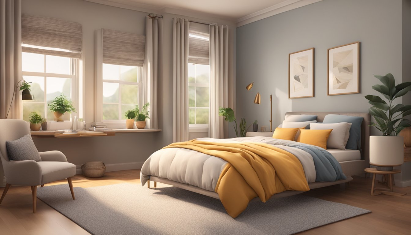 A cozy bedroom with a super single bed at the center, adorned with soft, fluffy pillows and a warm, inviting comforter