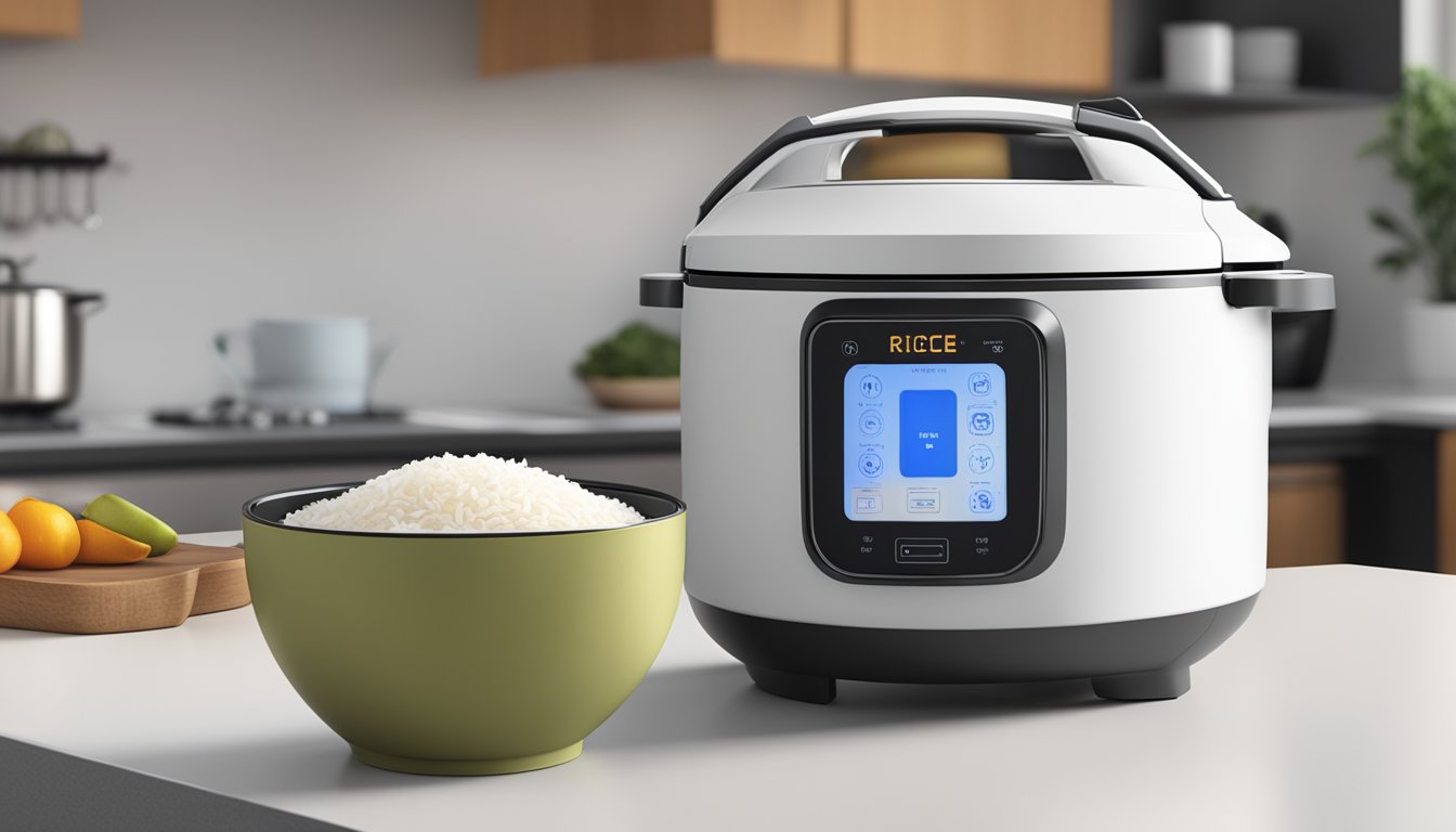 A modern kitchen countertop with a sleek and stylish rice cooker, featuring the "Frequently Asked Questions" displayed on the digital interface