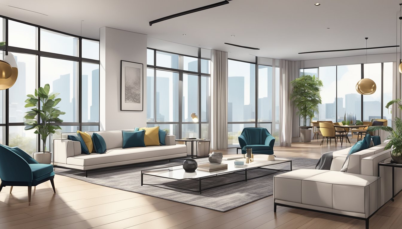 A modern, sleek condo showroom with stylish furniture arranged in an inviting layout. The space is well-lit with large windows and minimalist decor