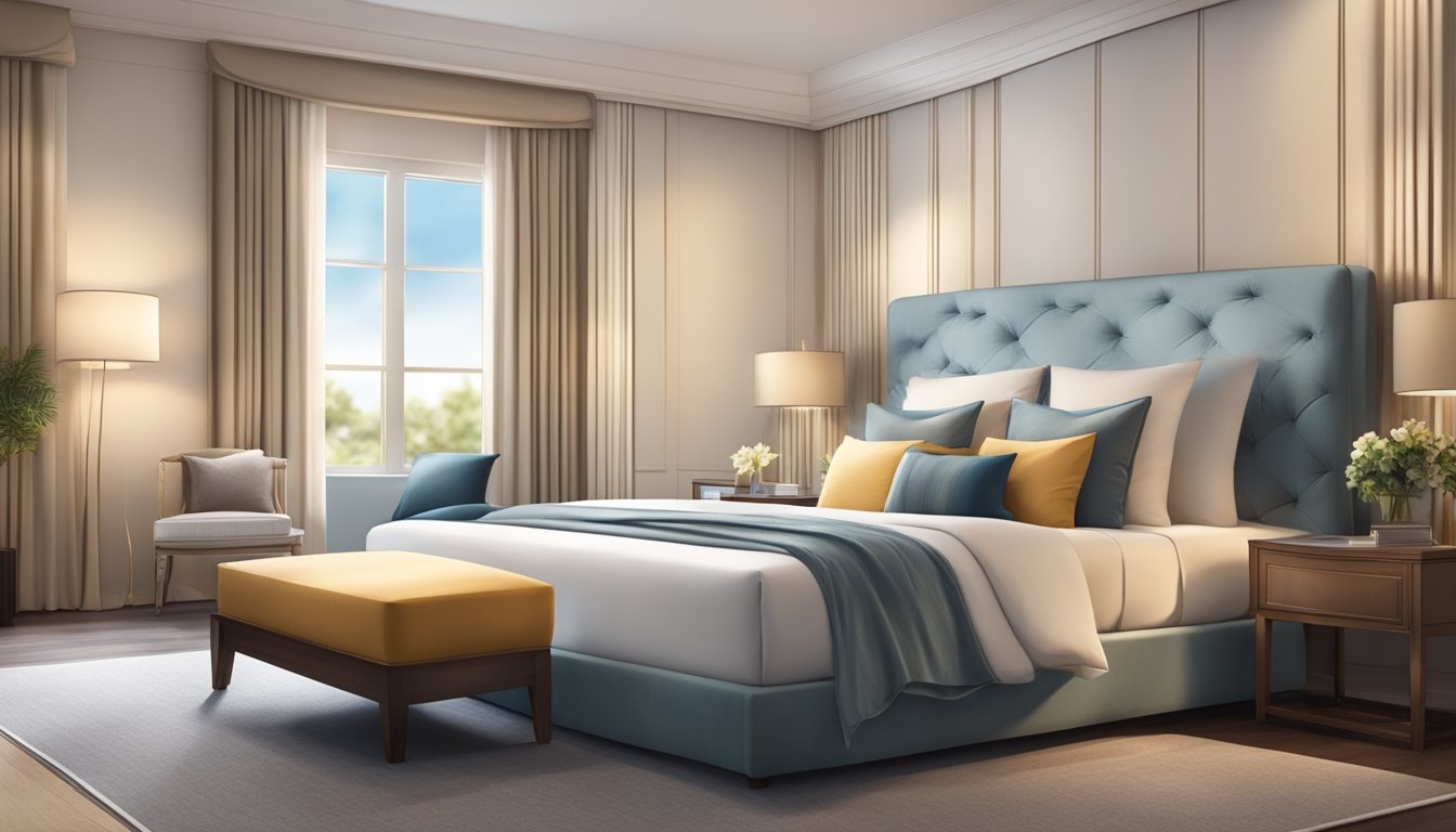 A luxurious hotel room with a plush, inviting mattress, adorned with high-quality linens and pillows, creating a serene and comfortable sleep environment
