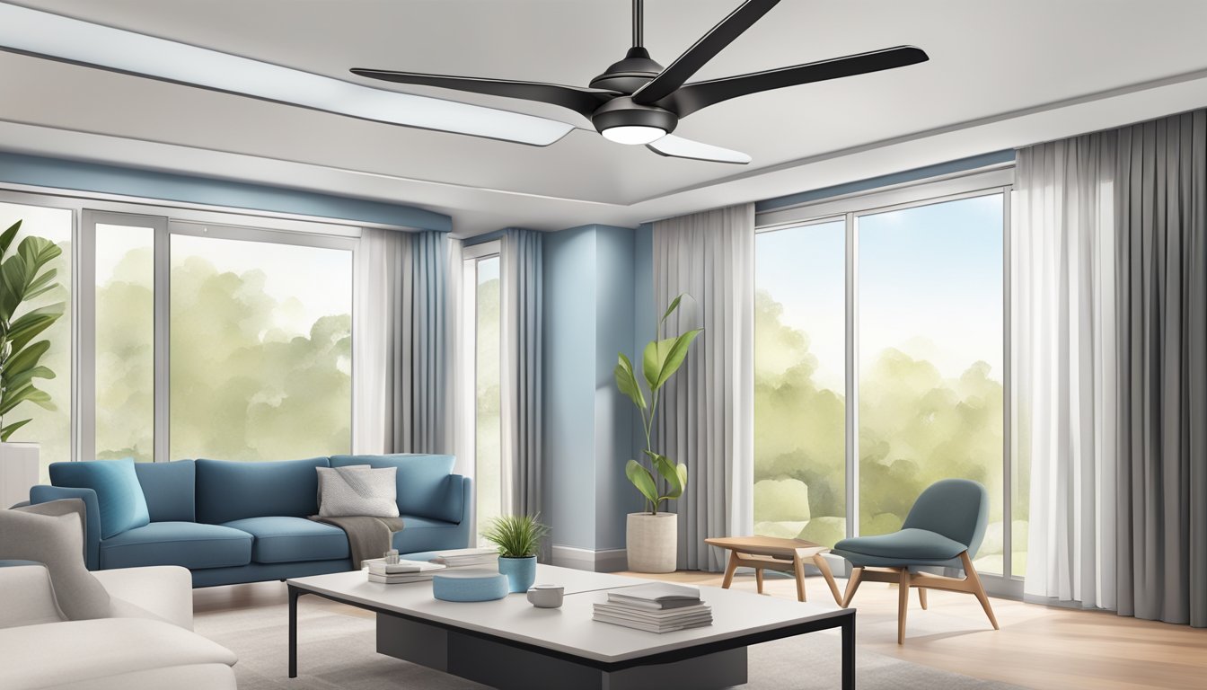 A hand reaching up to adjust the speed and direction of a sleek, modern ceiling fan with integrated lighting