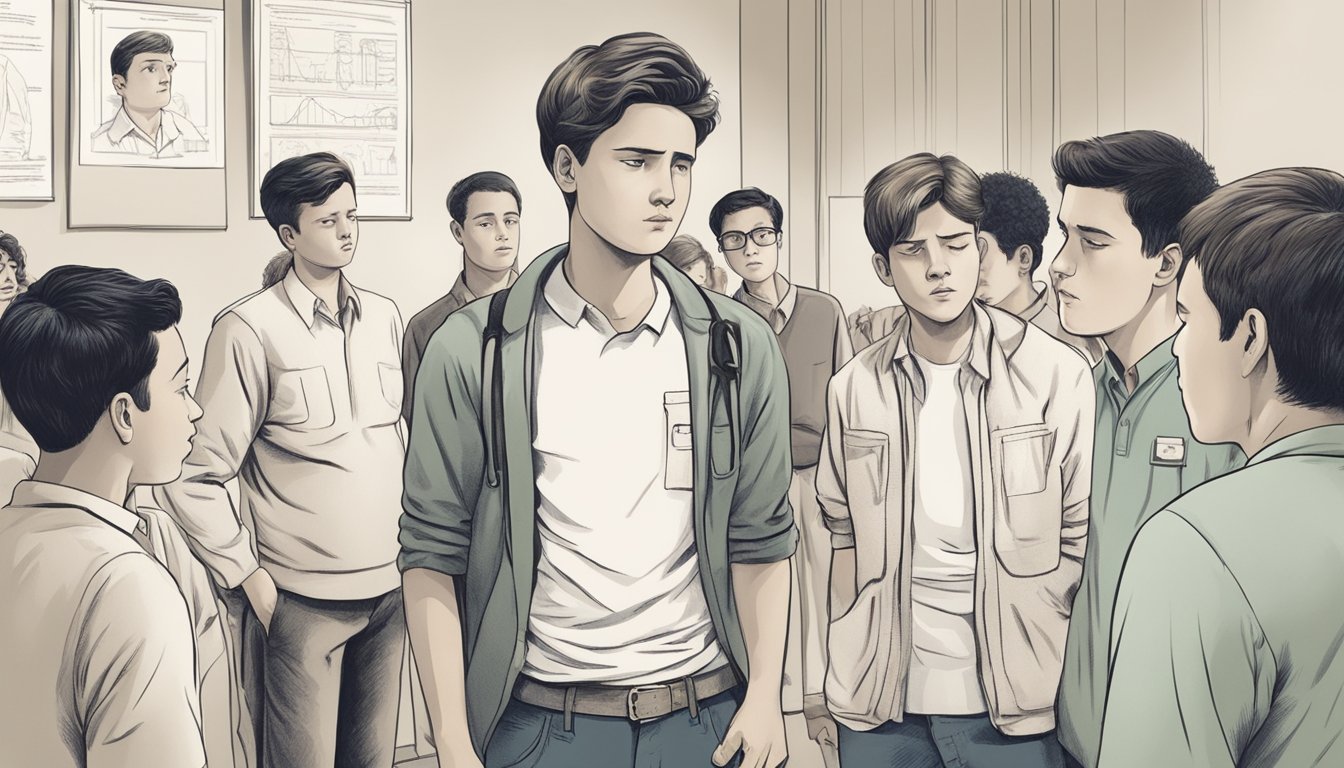A 15-year-old clutching their chest in pain, surrounded by concerned onlookers. A medical chart showing heart attack symptoms in adolescents