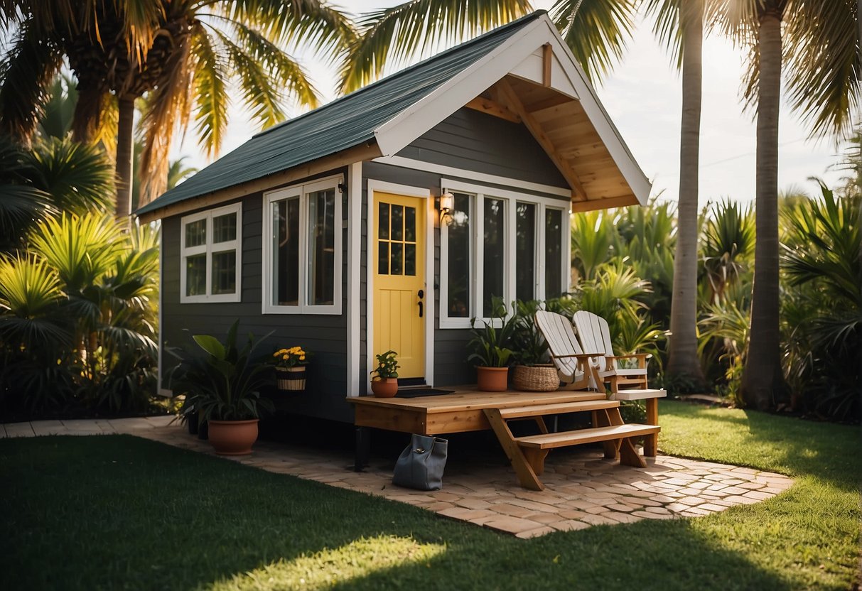 A tiny house sits nestled among palm trees in a sunny Florida backyard, with a hammock and outdoor seating nearby