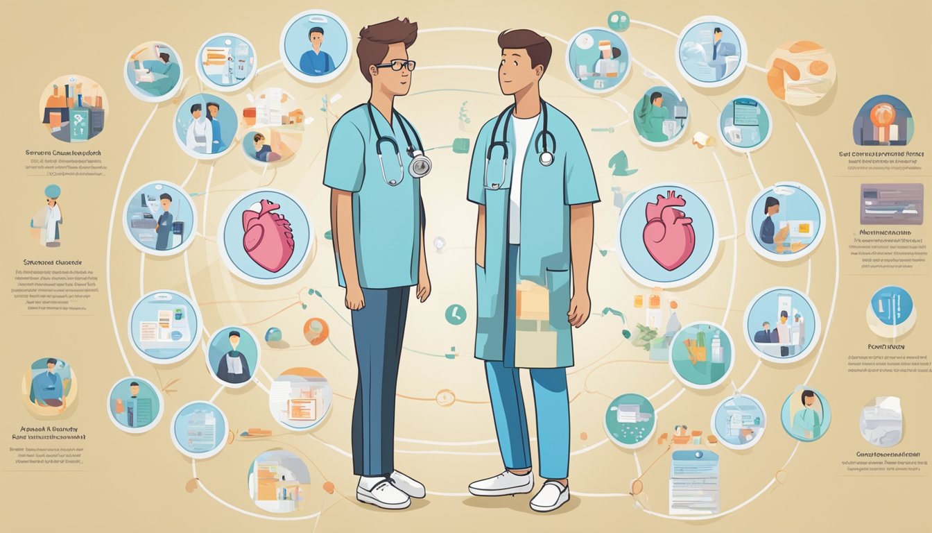 A medical chart with "15-year-old" and "heart attack" circled, surrounded by images of various treatment options