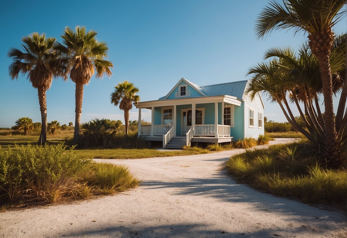 A sunny Florida landscape with palm trees and a clear blue sky, showcasing potential spots for a tiny house