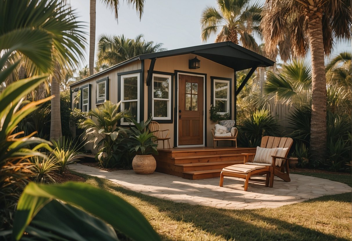 A tiny house nestled among palm trees in a sunny Florida backyard, with a hammock and outdoor seating area nearby