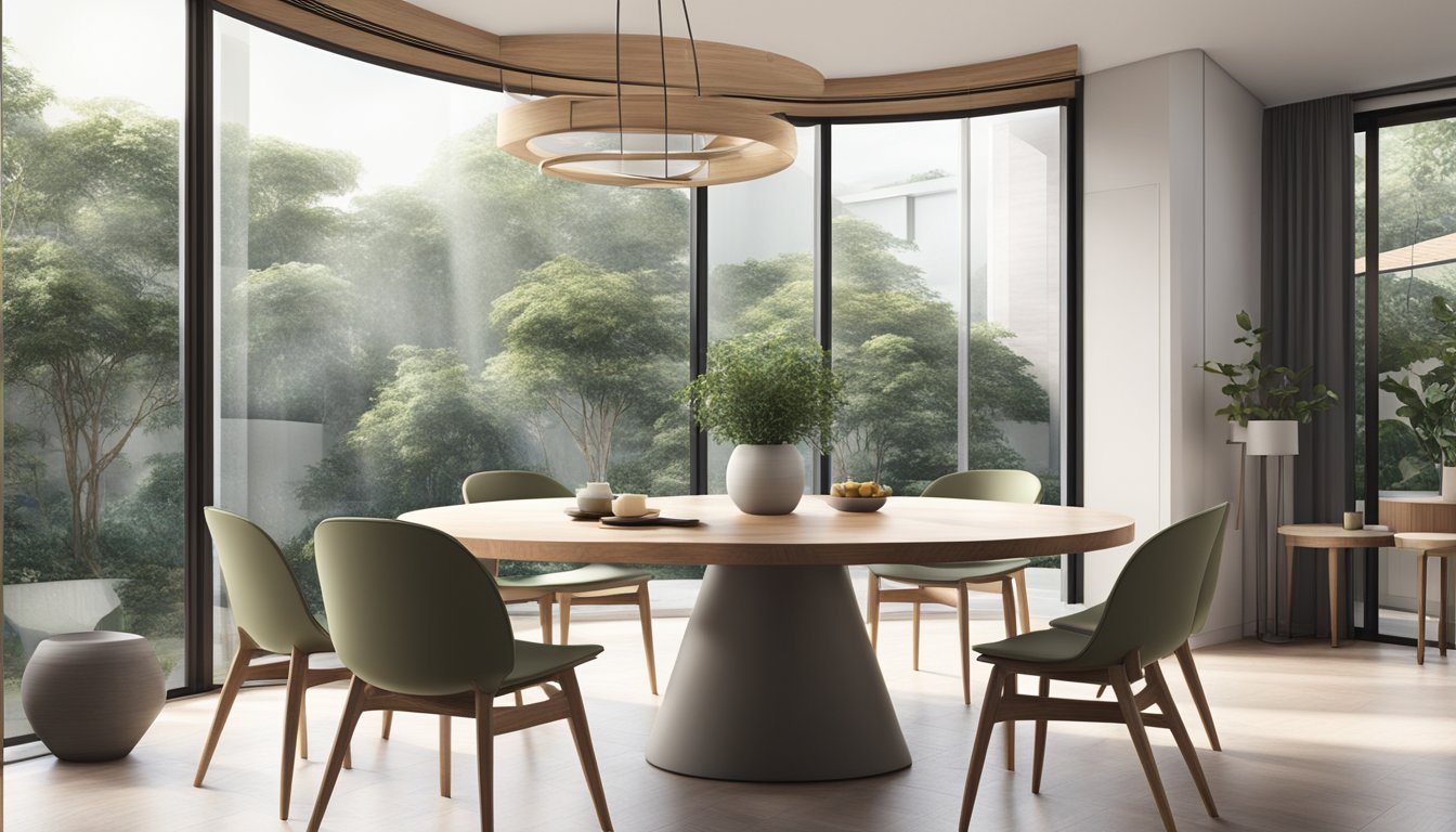 A round dining table in a modern Singaporean home, surrounded by sleek chairs and bathed in natural light from a nearby window