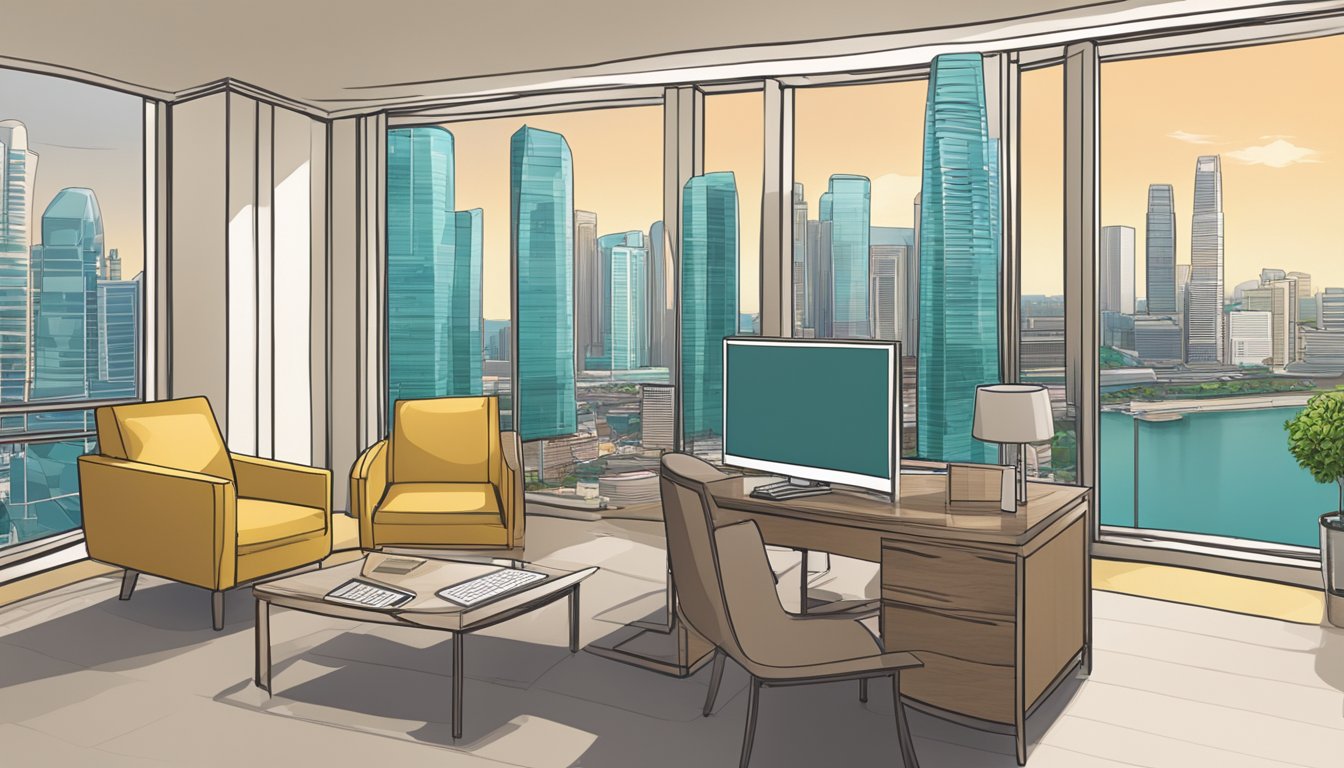A computer screen displaying a variety of furniture options with a Singapore skyline in the background