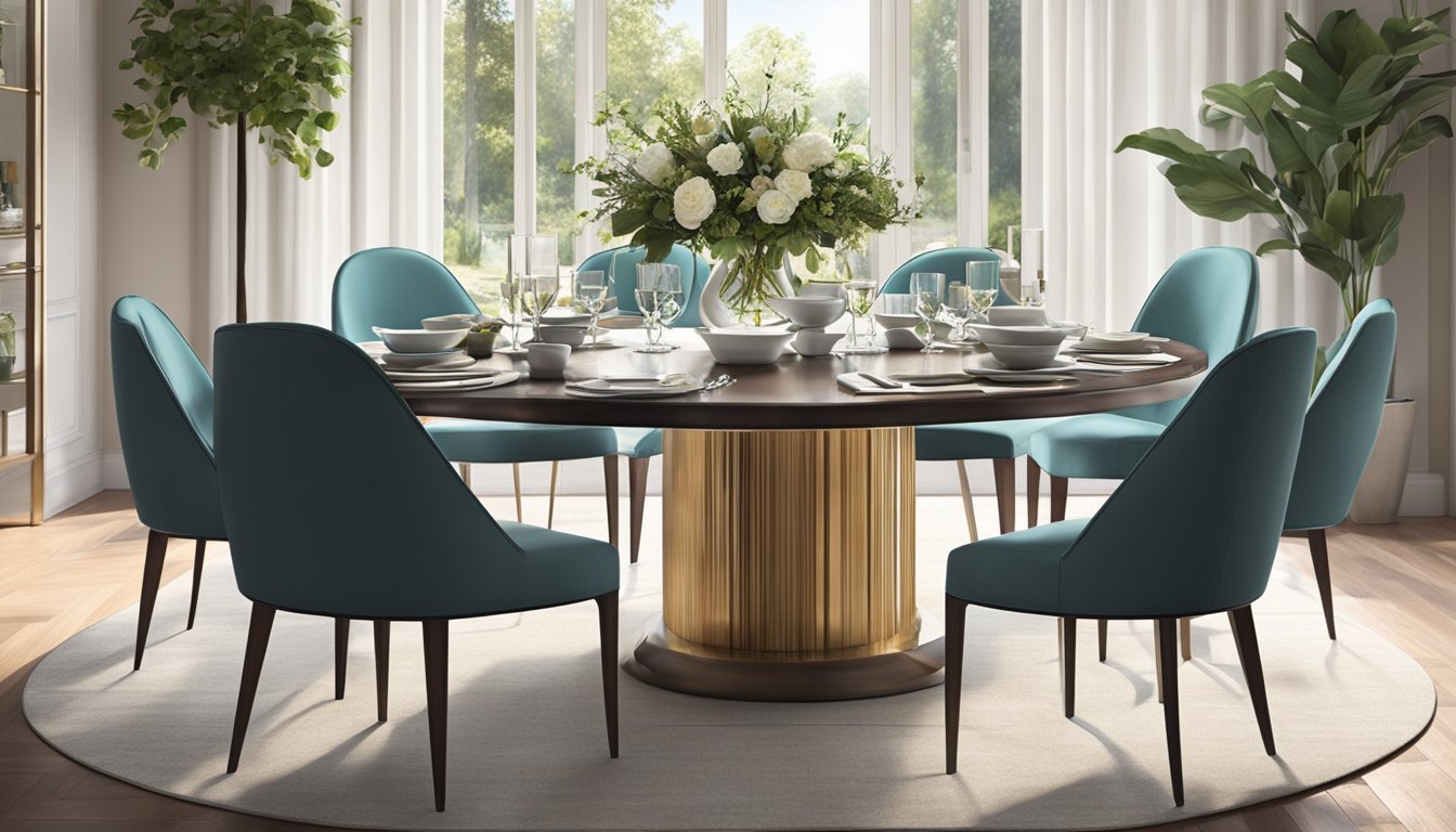 A round dining table sits elegantly in a well-lit dining room, surrounded by stylish chairs. The table is adorned with a simple centerpiece, creating a welcoming and inviting atmosphere