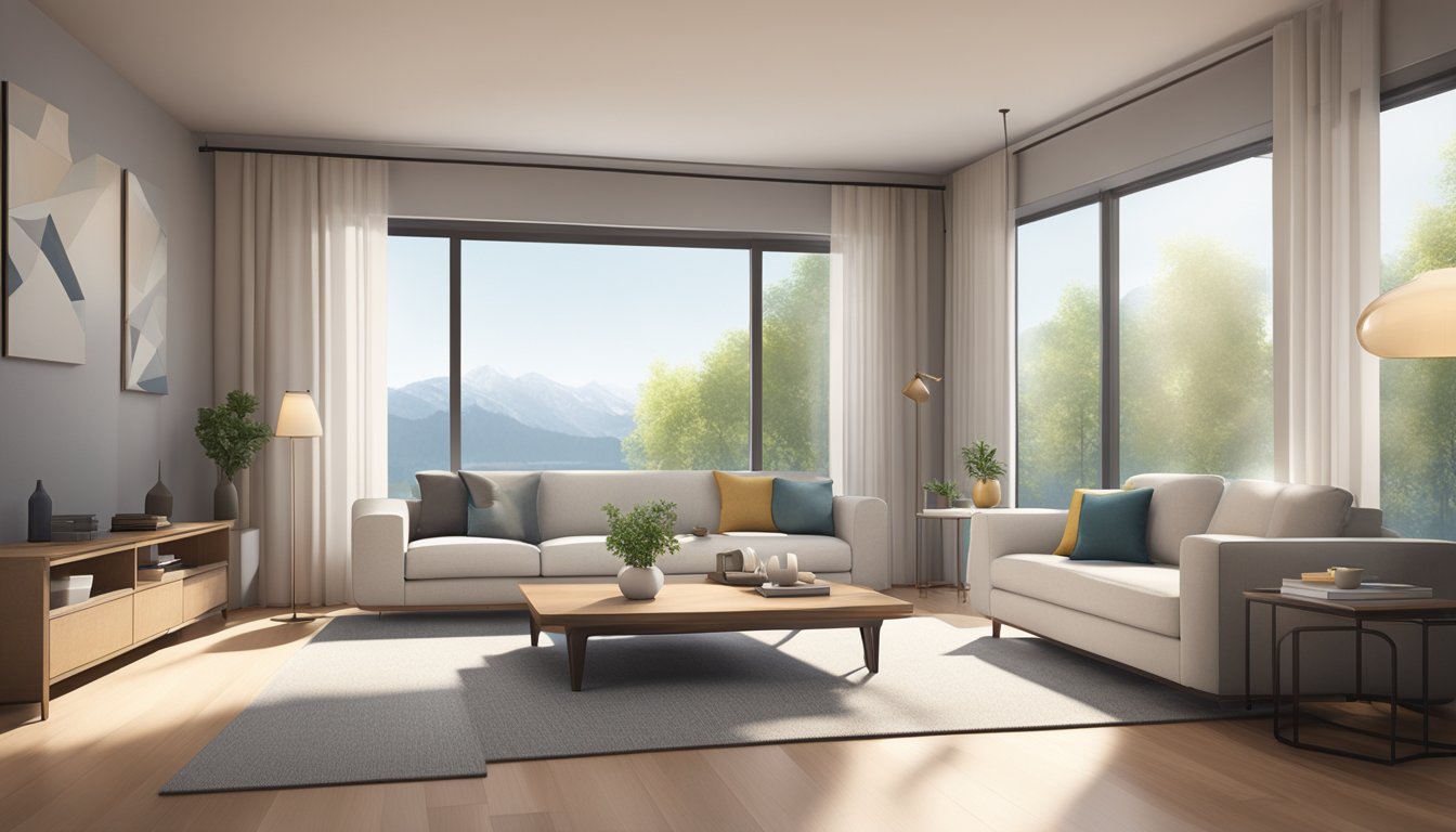 A modern living room with sleek furniture, including a comfortable sofa, stylish coffee table, and elegant lamps. The room is bathed in natural light, with a large window offering a view of the outdoors