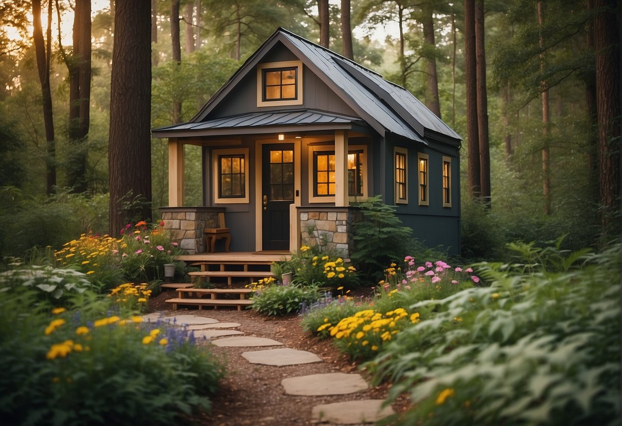 A tiny house nestled in a lush Georgia forest, surrounded by tall trees and colorful wildflowers, with a winding gravel path leading up to the front door