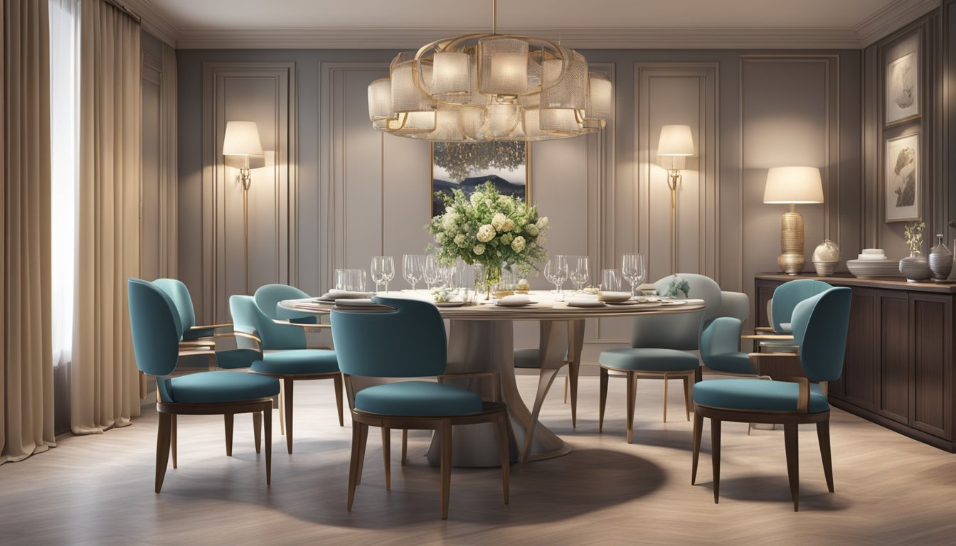 A cozy dining area with a round table, surrounded by stylish chairs. Soft lighting and elegant tableware create a welcoming atmosphere for a luxurious dining experience