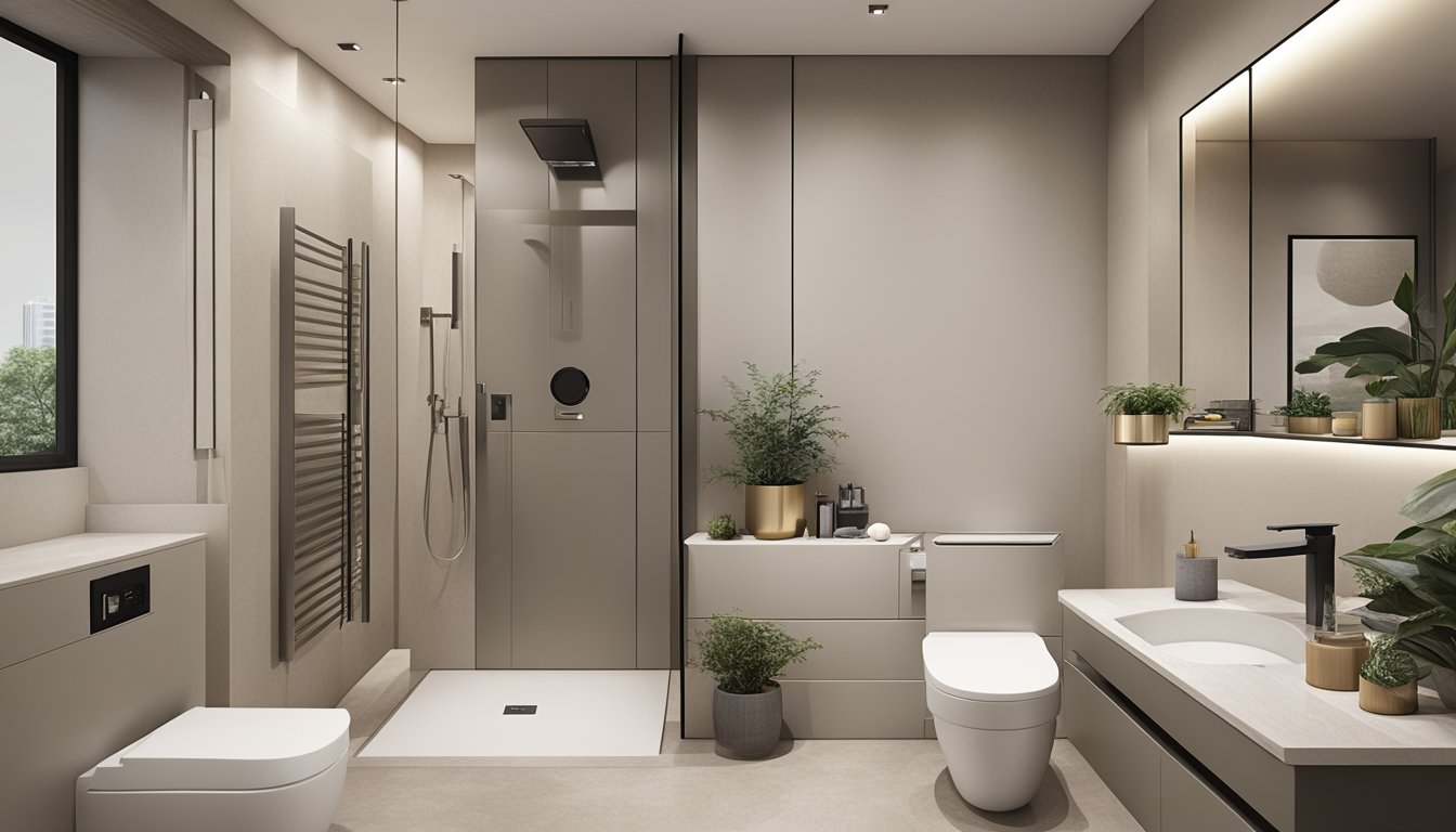 A modern HDB toilet with sleek fixtures and a neutral color palette