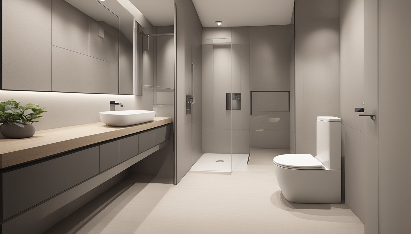 A modern HDB toilet with sleek fixtures, minimalist design, and neutral color palette. Clean lines and functional layout create a contemporary, inviting space