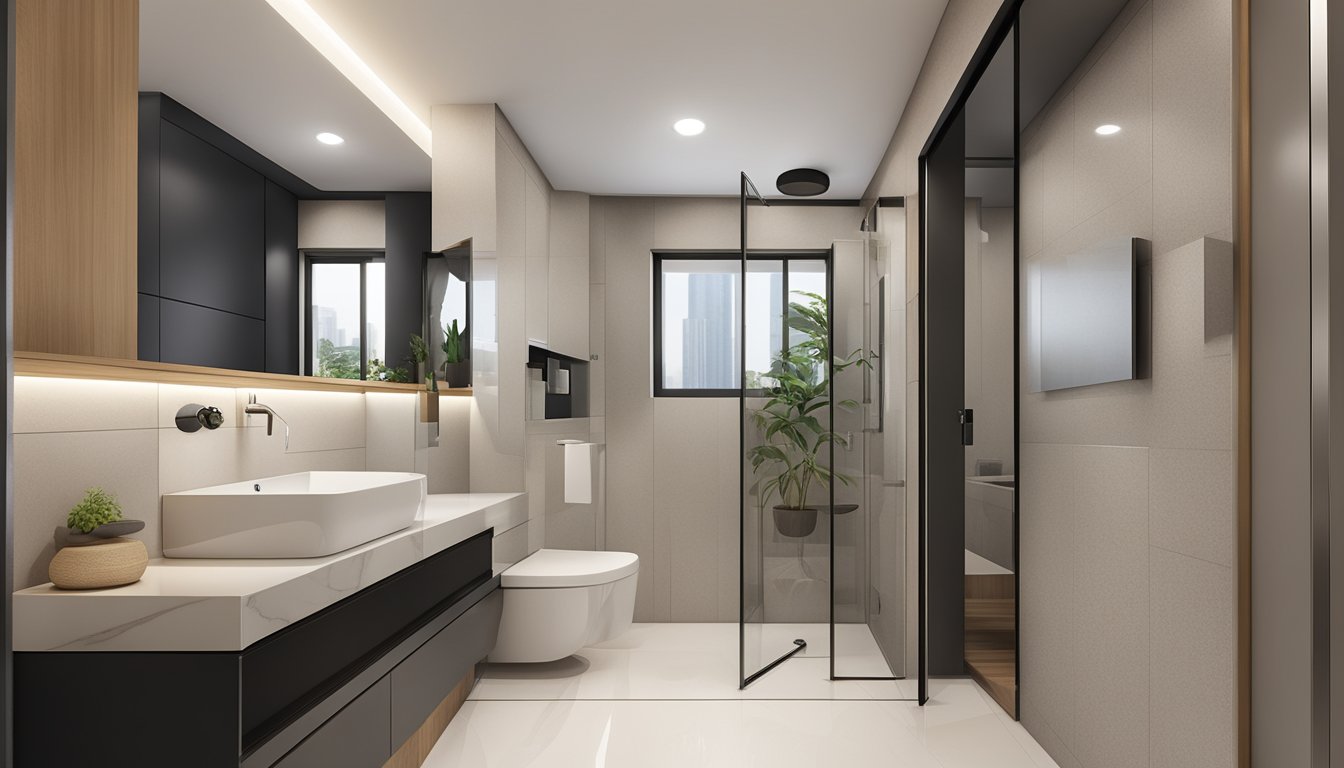 A modern HDB toilet with sleek fixtures and ample storage