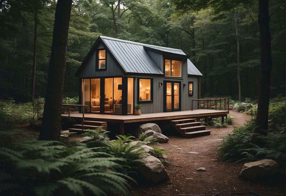 A tiny house nestled in a peaceful Maryland forest, surrounded by tall trees and a winding stream