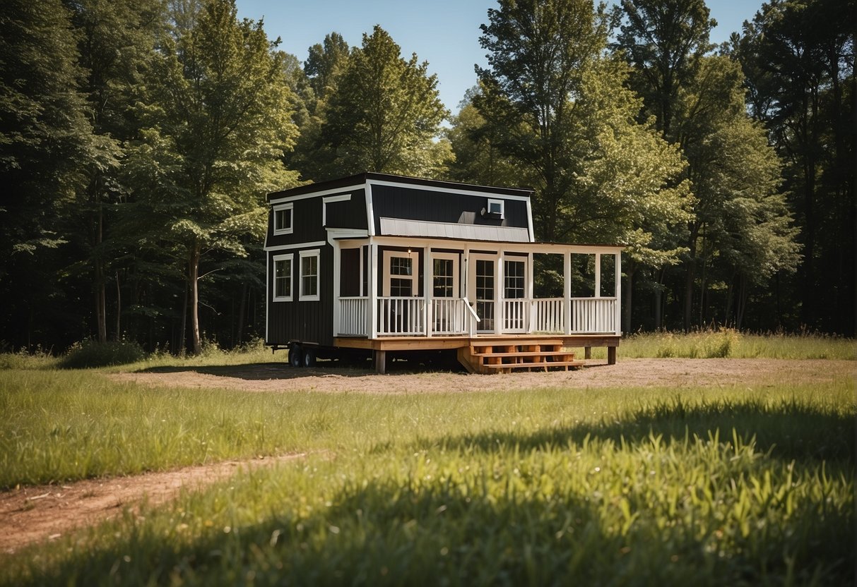 A tiny house sits on a plot of land in Maryland, surrounded by trees and a clear blue sky. The house is positioned in compliance with Maryland's tiny house regulations