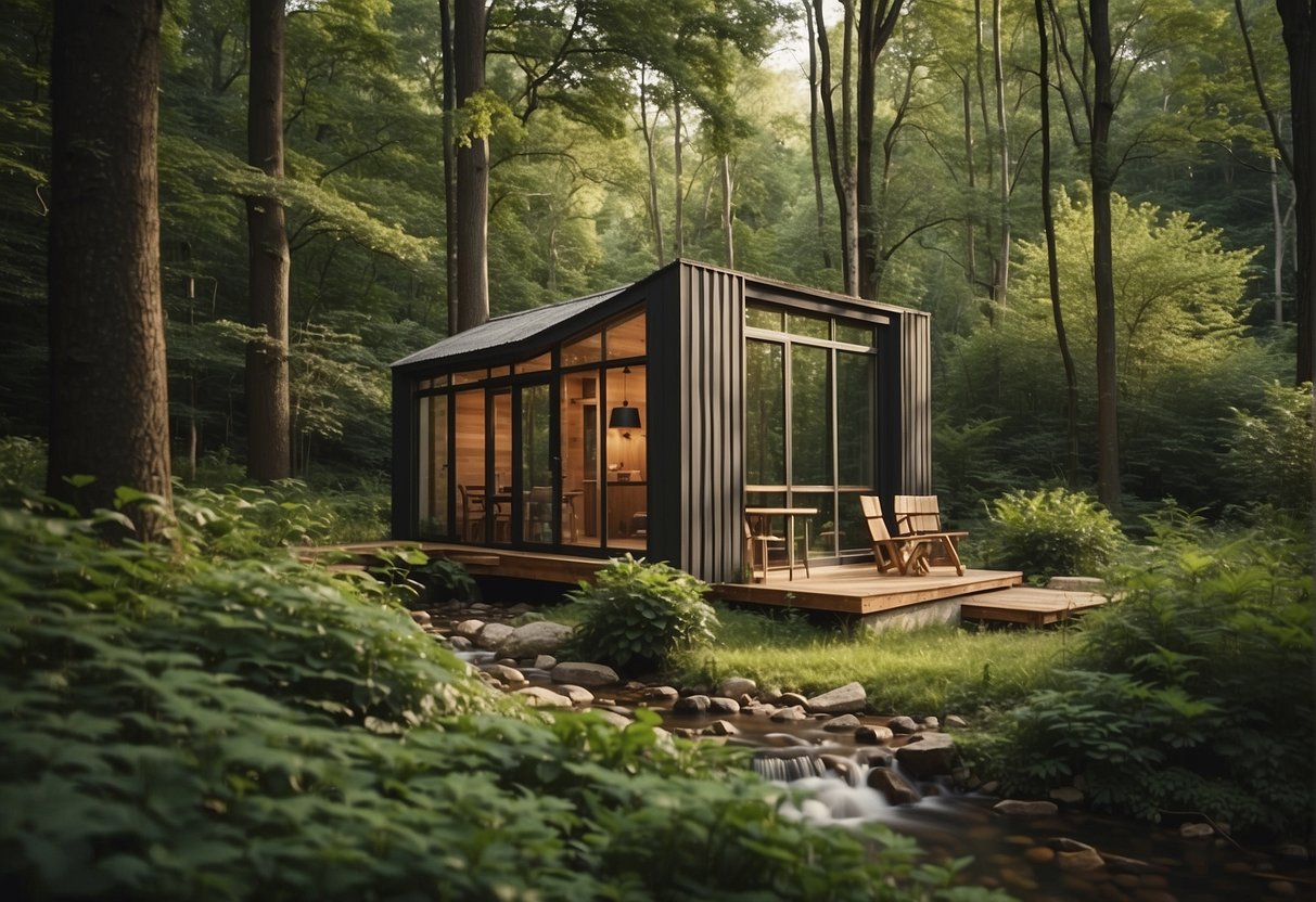 A tiny house nestled in a serene Maryland forest, surrounded by lush greenery and a babbling brook