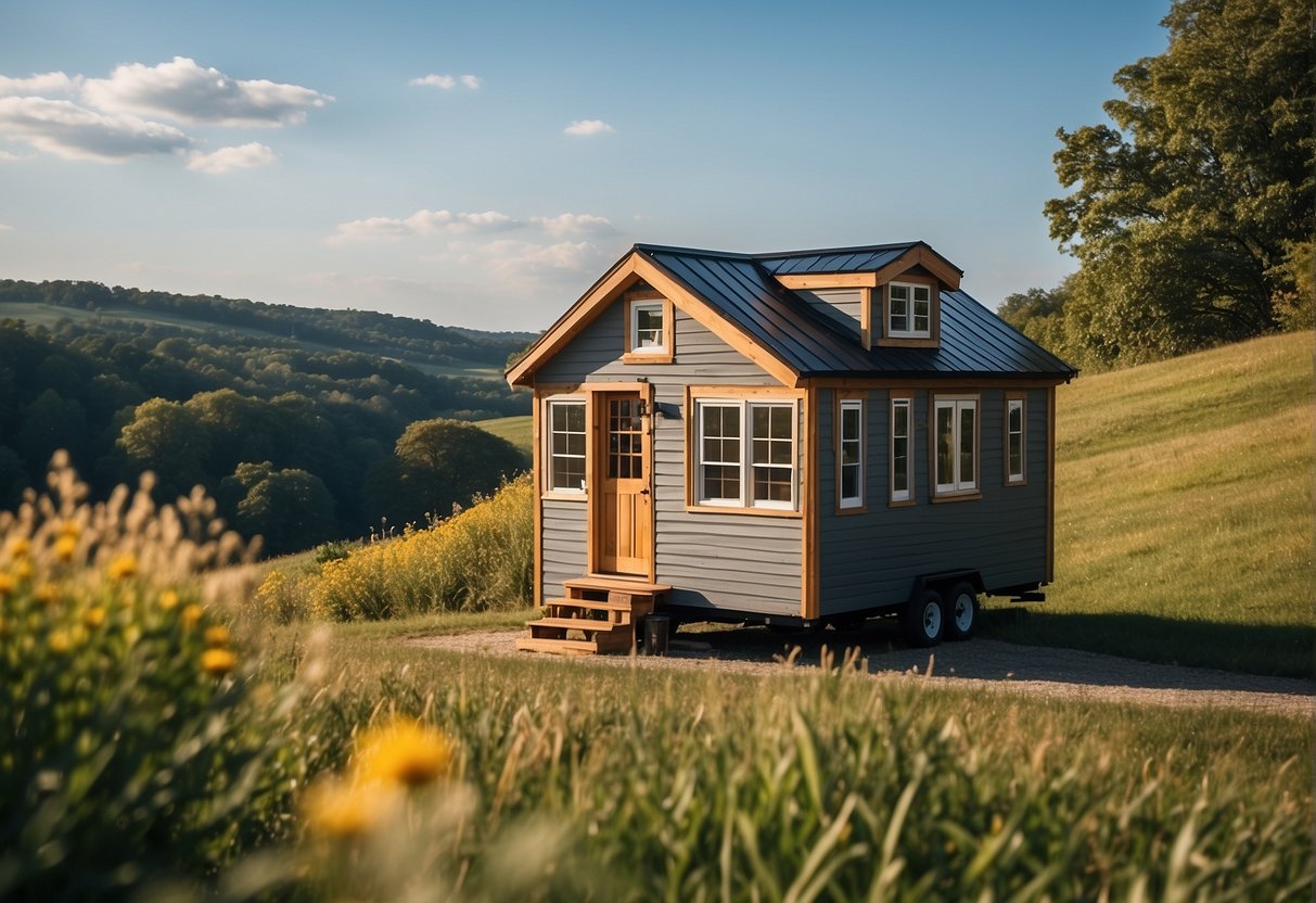 A tiny house nestled in a serene Maryland countryside, surrounded by rolling hills and lush greenery, with a clear blue sky overhead