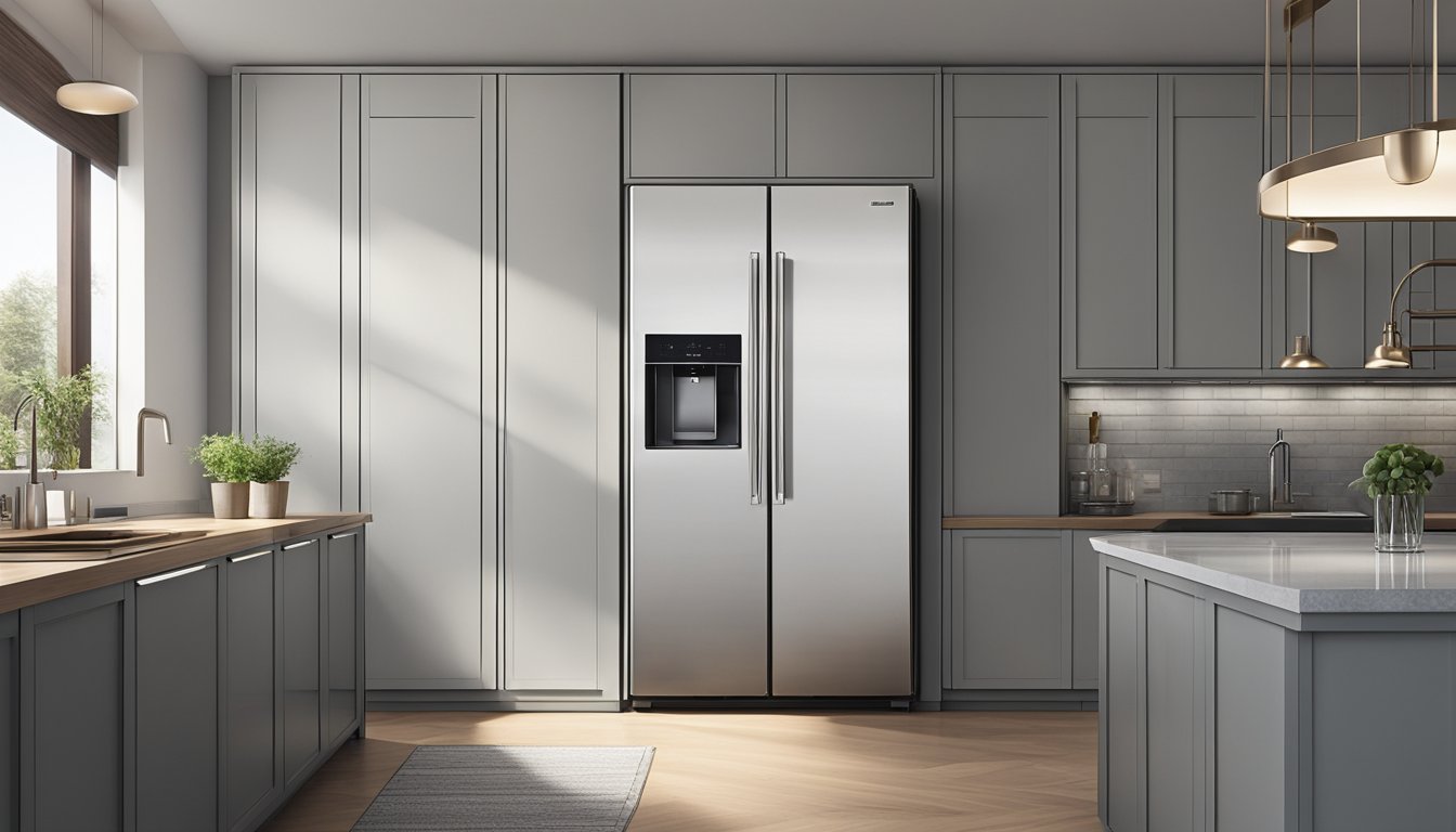 A standard-sized refrigerator stands tall against a kitchen wall, its sleek stainless steel surface reflecting the ambient light. The dimensions of the fridge are evident as it dominates the space it occupies