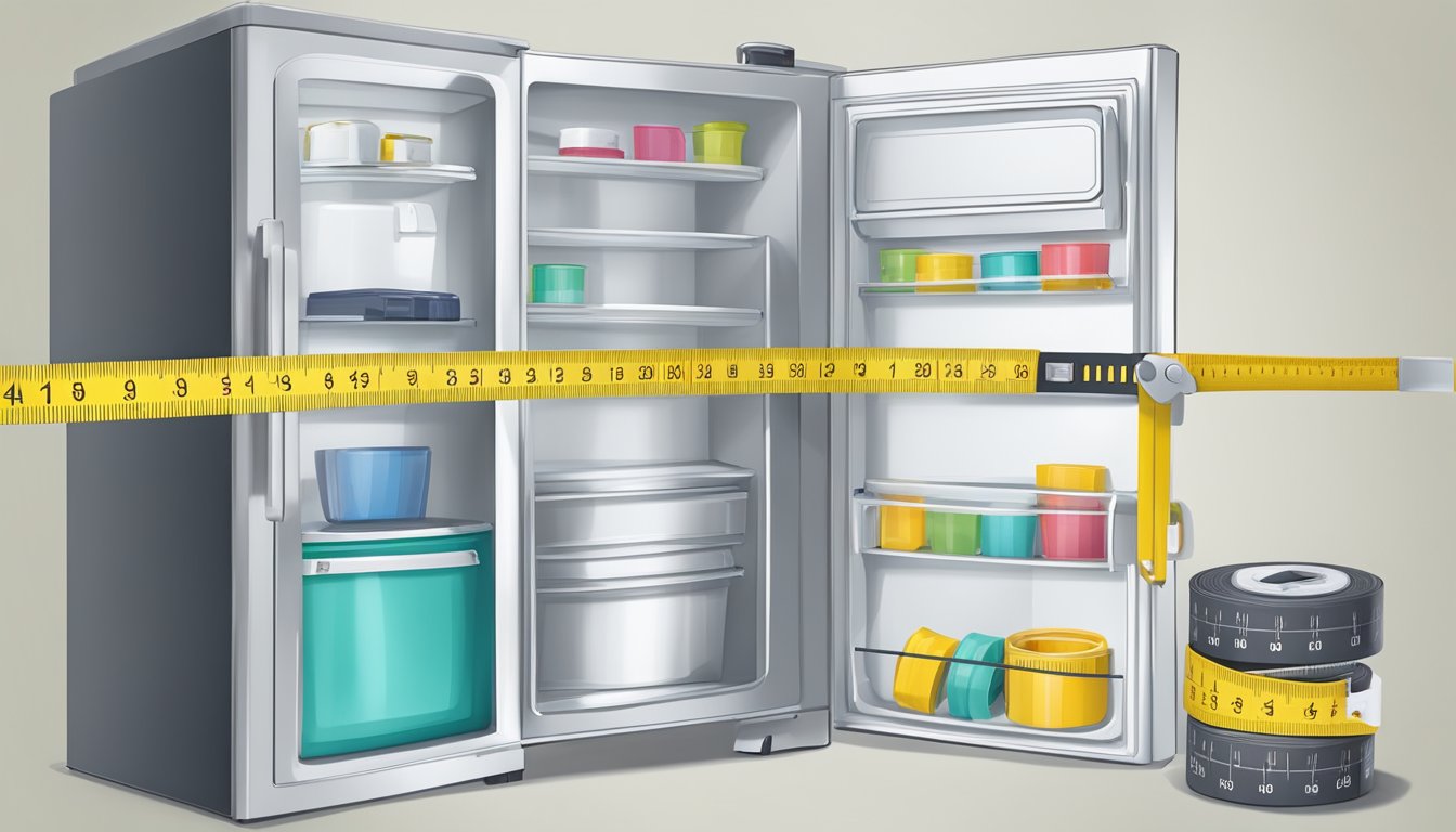 A tape measure extends across the width and height of a fridge, with measurements noted down on a notepad