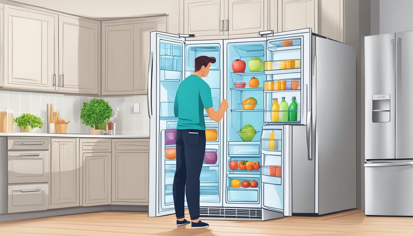 A person measures the space in their kitchen and compares it to the dimensions of different refrigerators