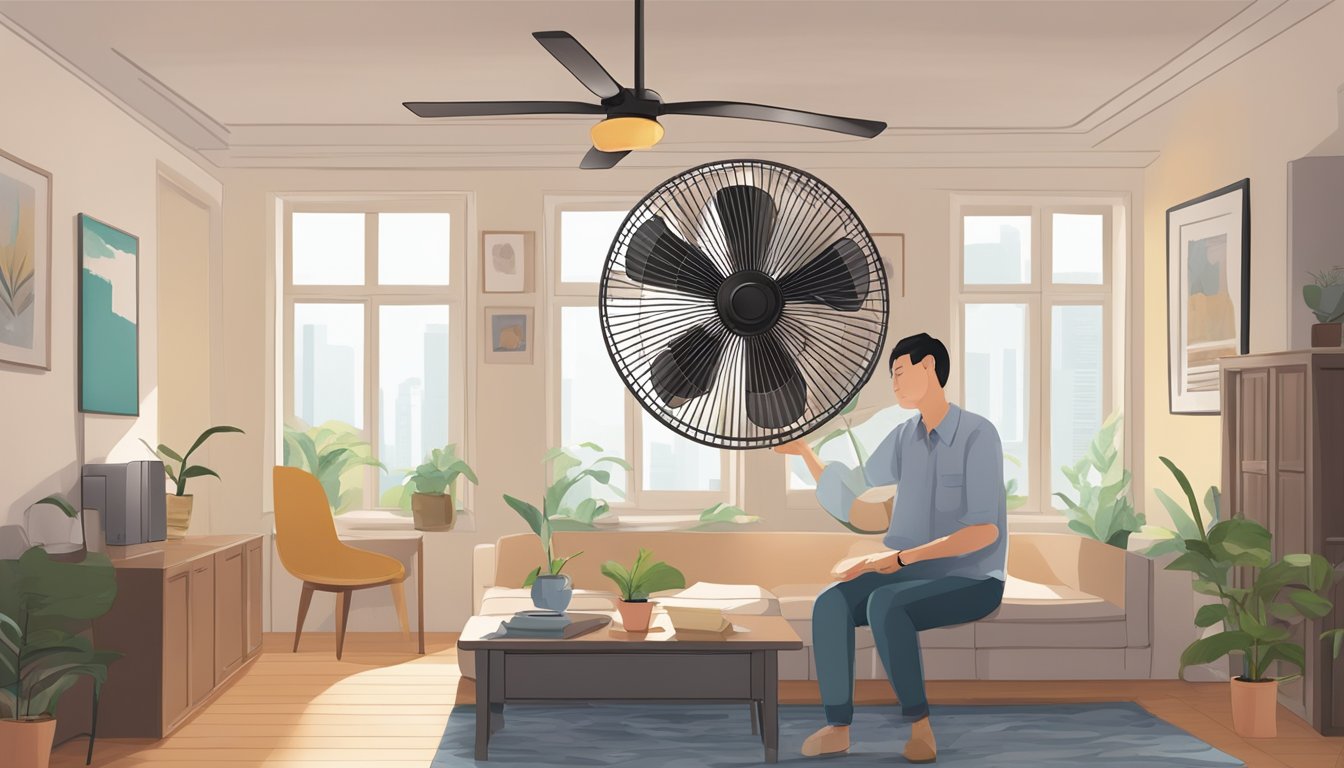 A person finds a corner fan in a cozy Singaporean room. The fan is mounted high on the wall, gently circulating the air