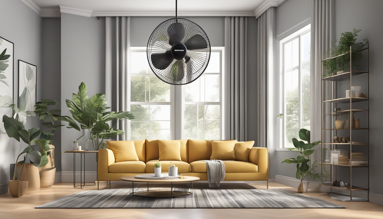 A sleek, modern corner fan stands in a stylish room, providing a cool breeze while seamlessly blending with the decor