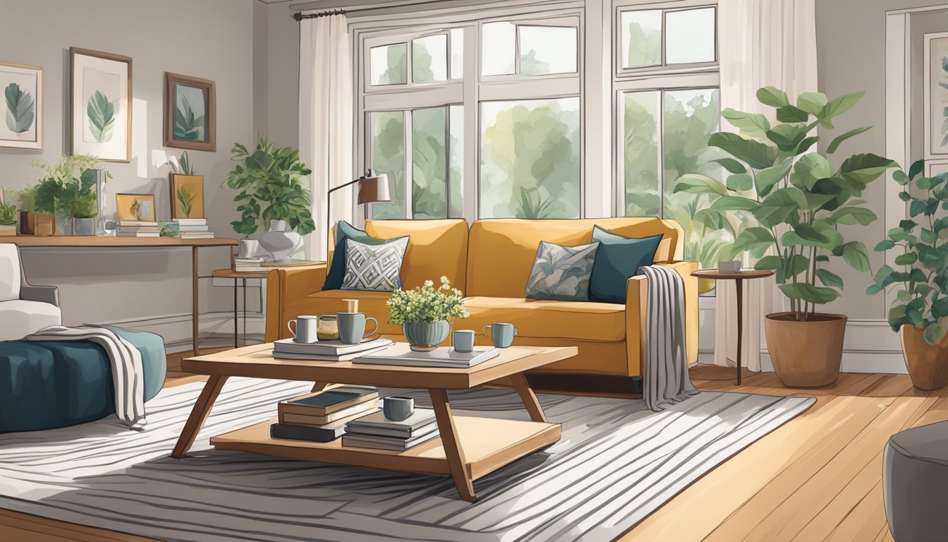 A low height coffee table sits in the center of a cozy living room, adorned with a few books and a vase of fresh flowers