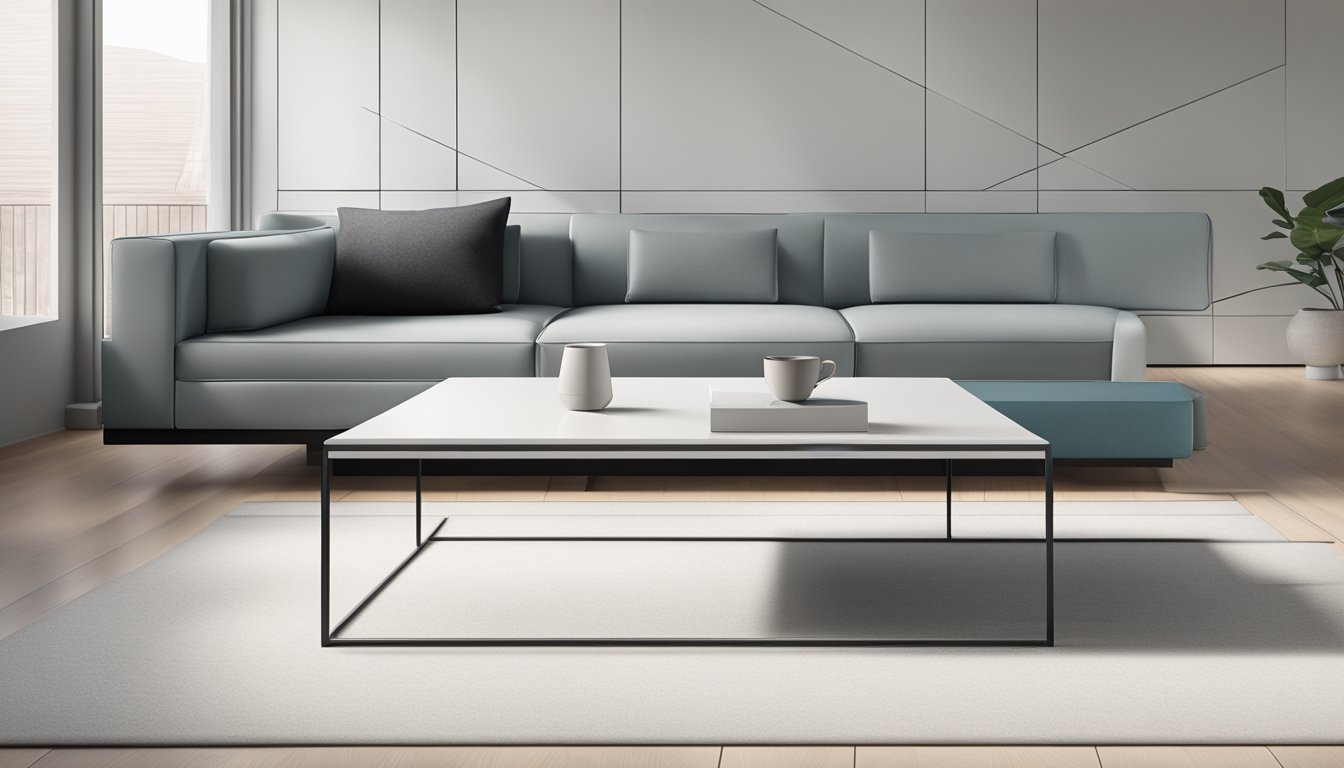 A sleek, modern low height coffee table with clean lines and minimalist design, accented by a monochromatic color scheme