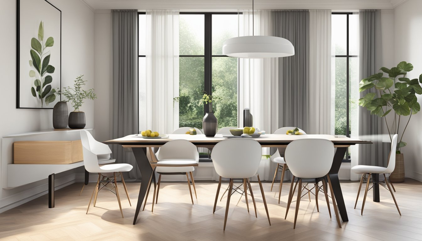 A modern dining table with sleek chairs in a bright, airy room