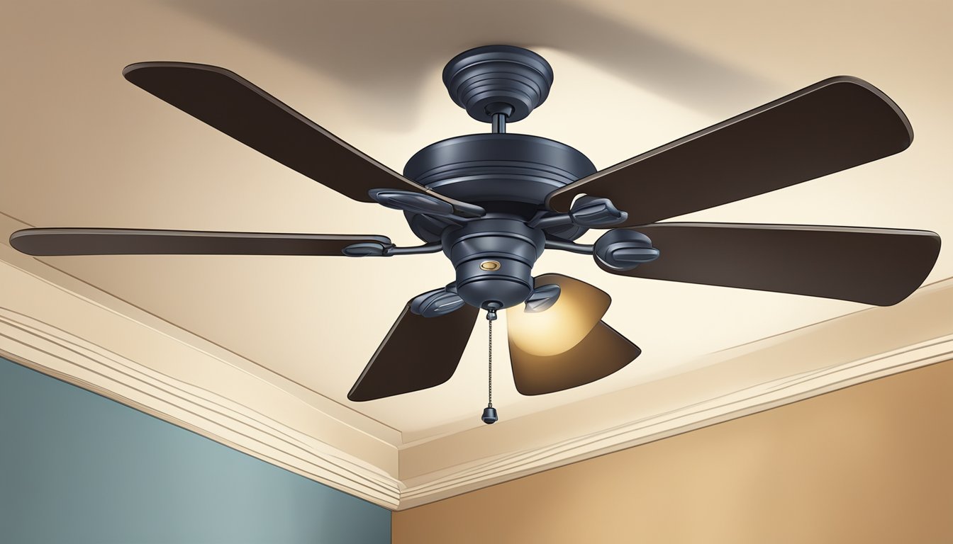 A ceiling fan spins above, casting shadows as it illuminates the room with a warm glow from the light fixture