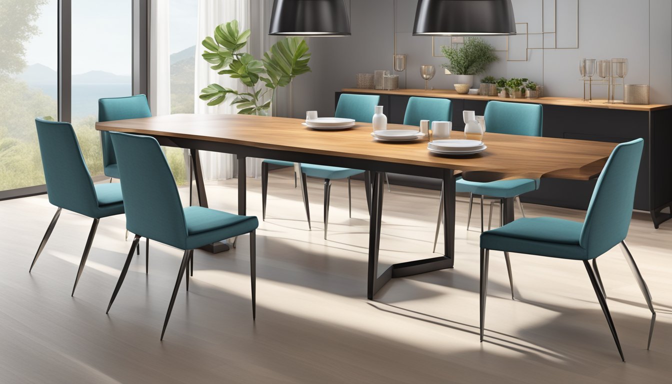 An extendable dining table with a polished wooden surface and sleek, metal legs, surrounded by modern chairs and set with elegant dinnerware