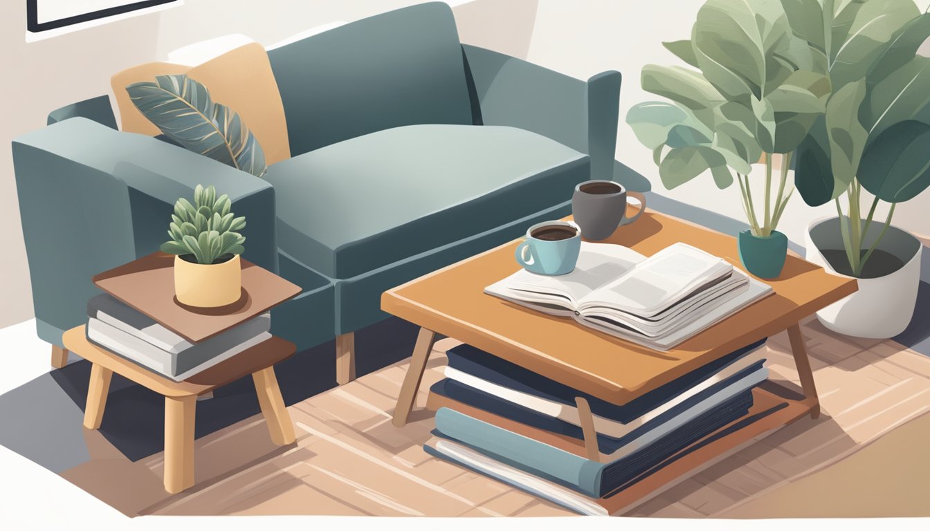 A low height coffee table with books, a potted plant, and a coaster on top. Nearby, a comfortable chair and a soft rug