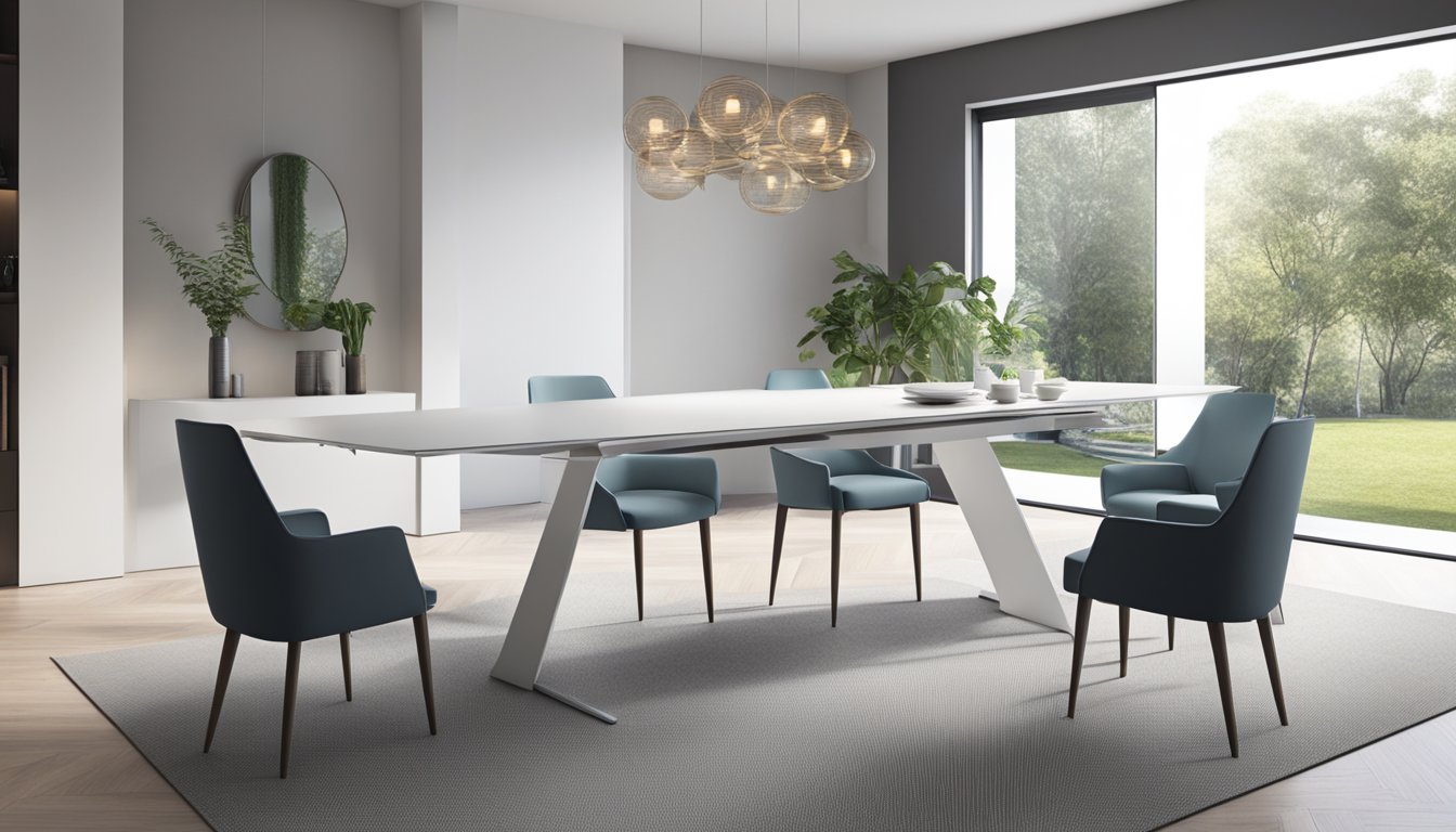 An extendable dining table is shown with its leaves extended, demonstrating its functionality. The design is sleek and modern, with clean lines and a smooth surface