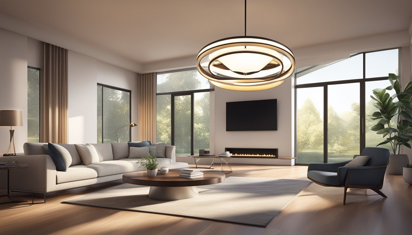 A sleek, modern fan and light fixture with innovative designs and features, casting a warm glow in a contemporary living space