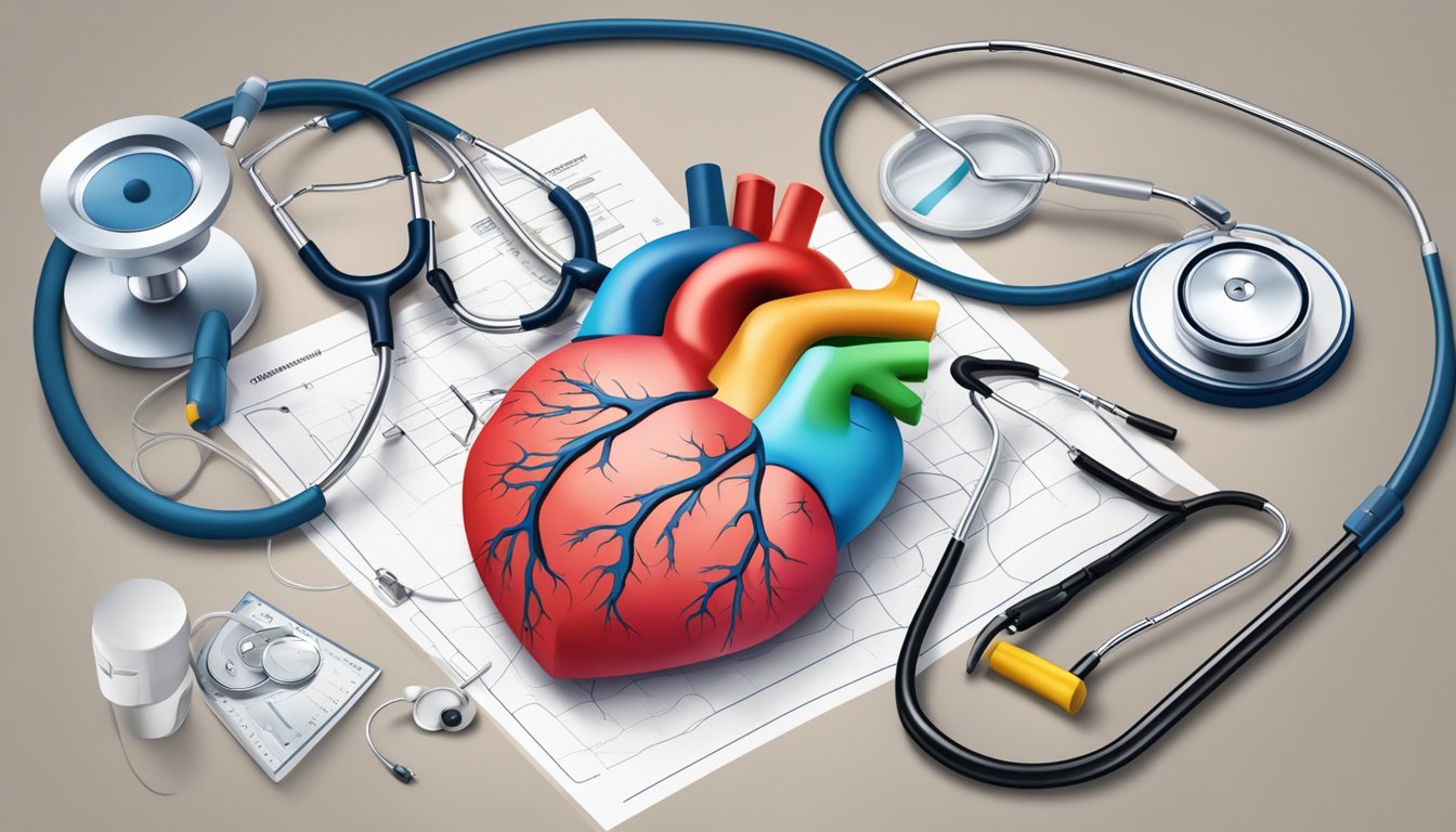 A heart-shaped diagram with a crack running through it, surrounded by medical equipment and a doctor's stethoscope