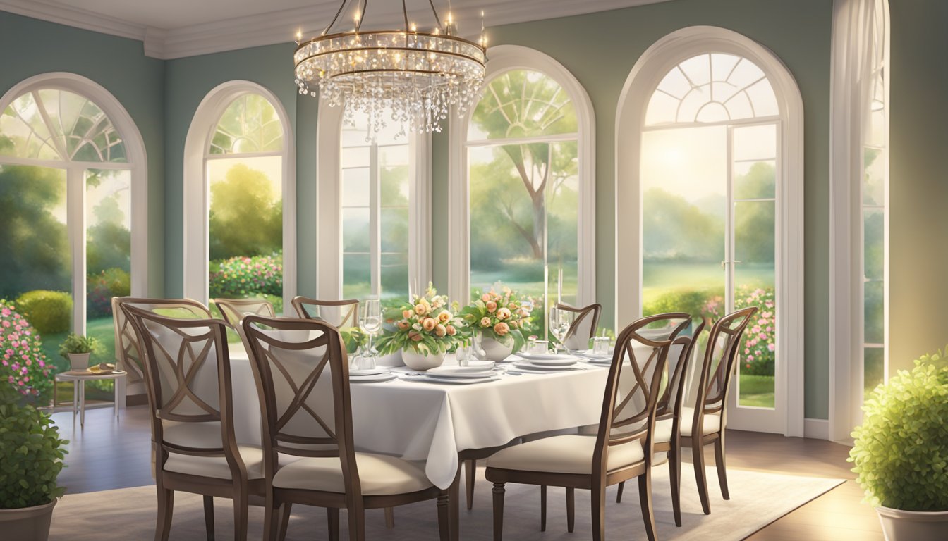 A beautifully set table with elegant dining chairs, soft lighting, and a view of a serene garden, creating a tranquil and sophisticated dining atmosphere