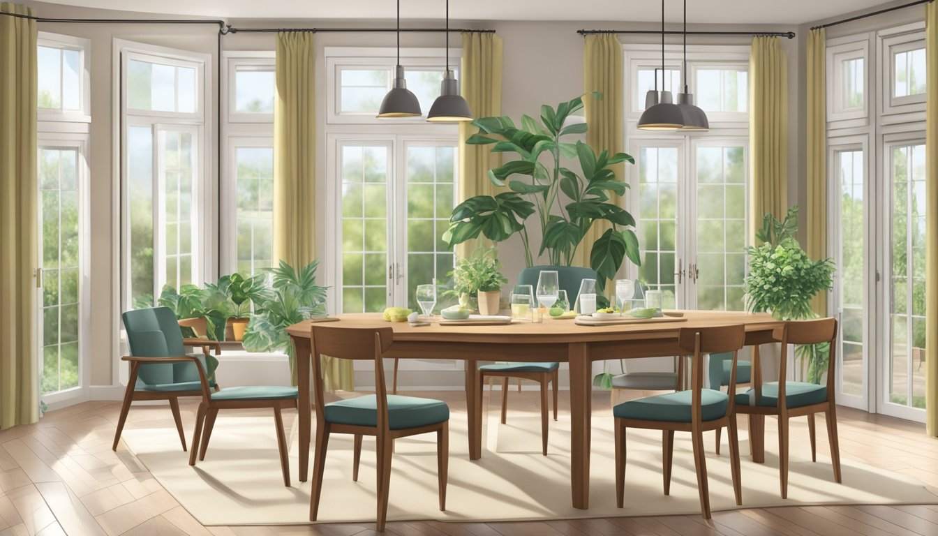 An extendable dining table with chairs, set for a meal, surrounded by a well-lit room with windows and decorative plants